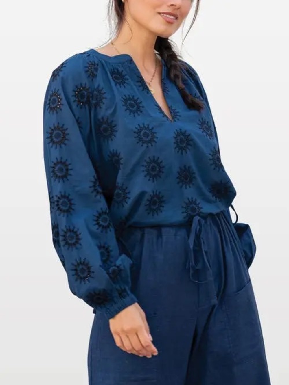 Voyageur by Mersea Poete Eyelet Top Navy Long Sleeve Lightweight Blouse Women XL